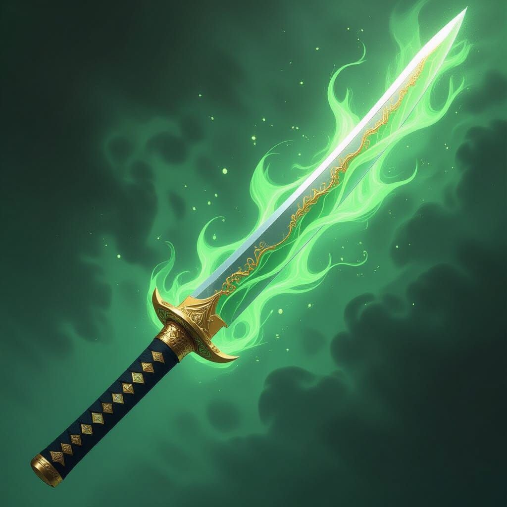 Golden Green Energy Katana with Mystical Aura
