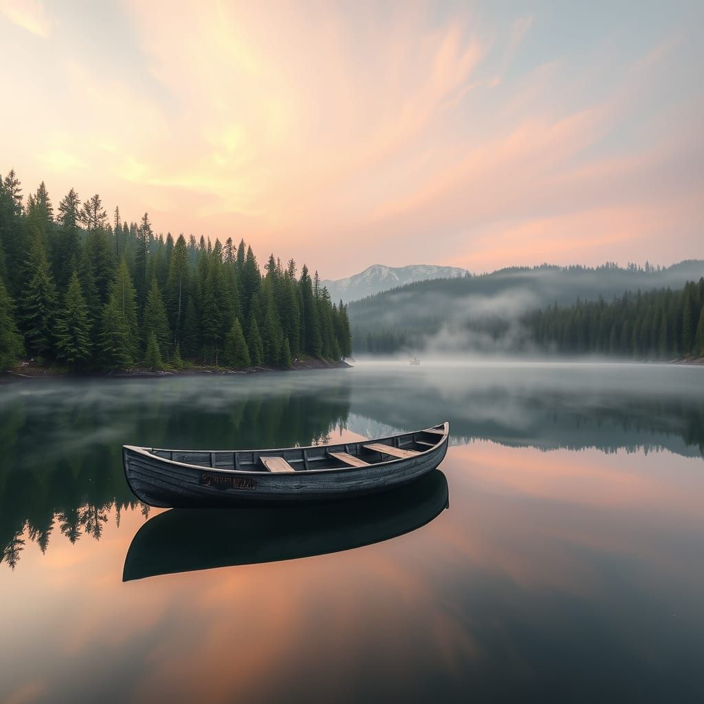 Tranquil Lake and Forest Scene with Canoe at Sunset