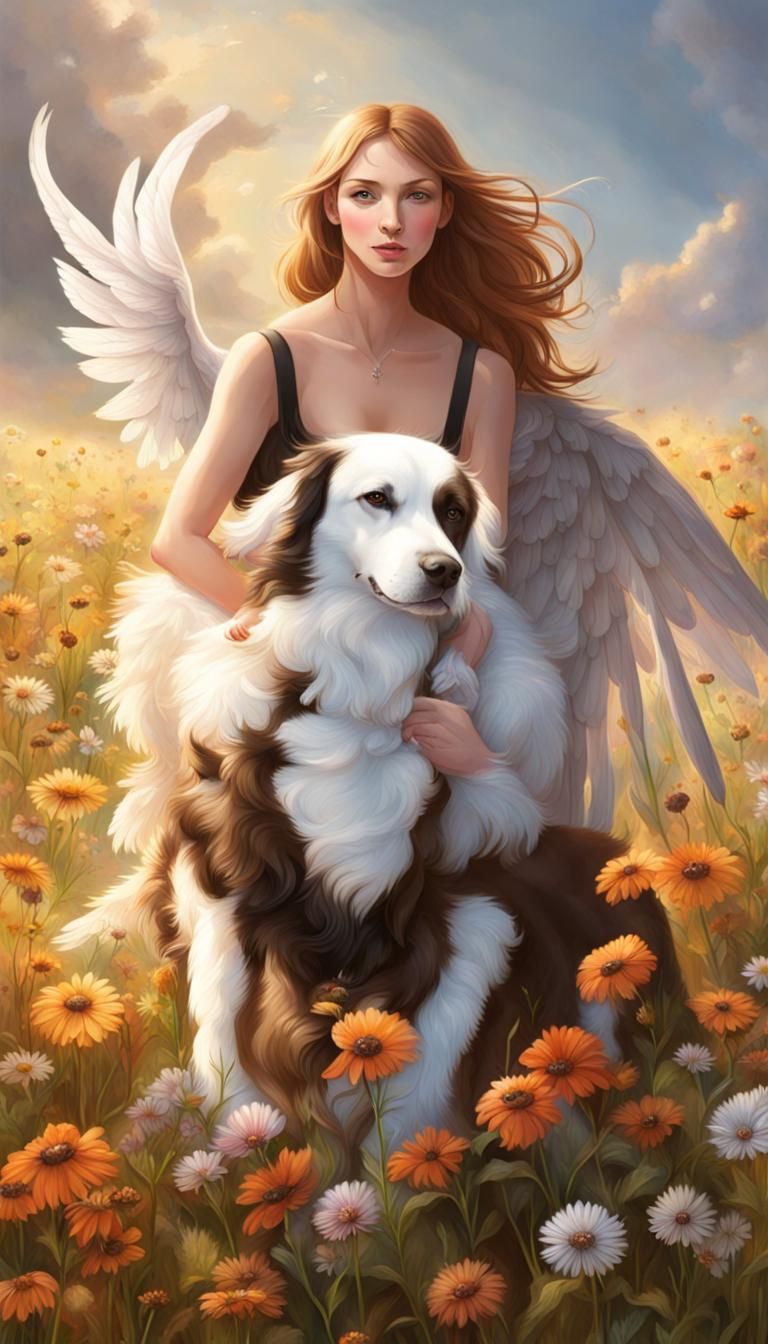 Dogs with Wings in Field of Flowers