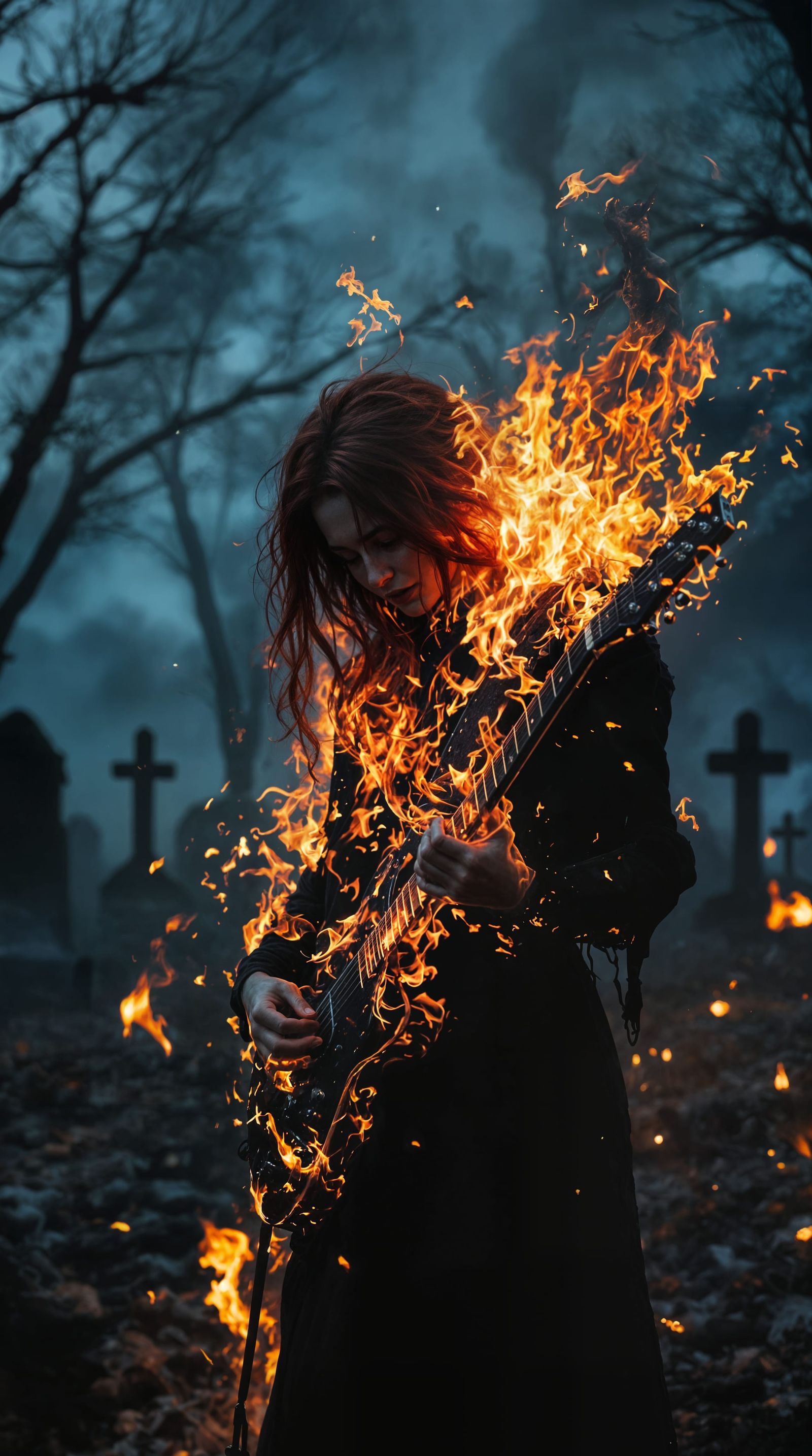Epic Fiery Poet in Desolate Graveyard Scene