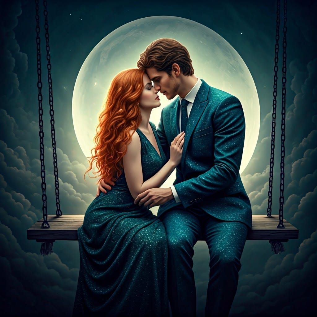 Romantic Couple on Moon Swing in Splash Art Style