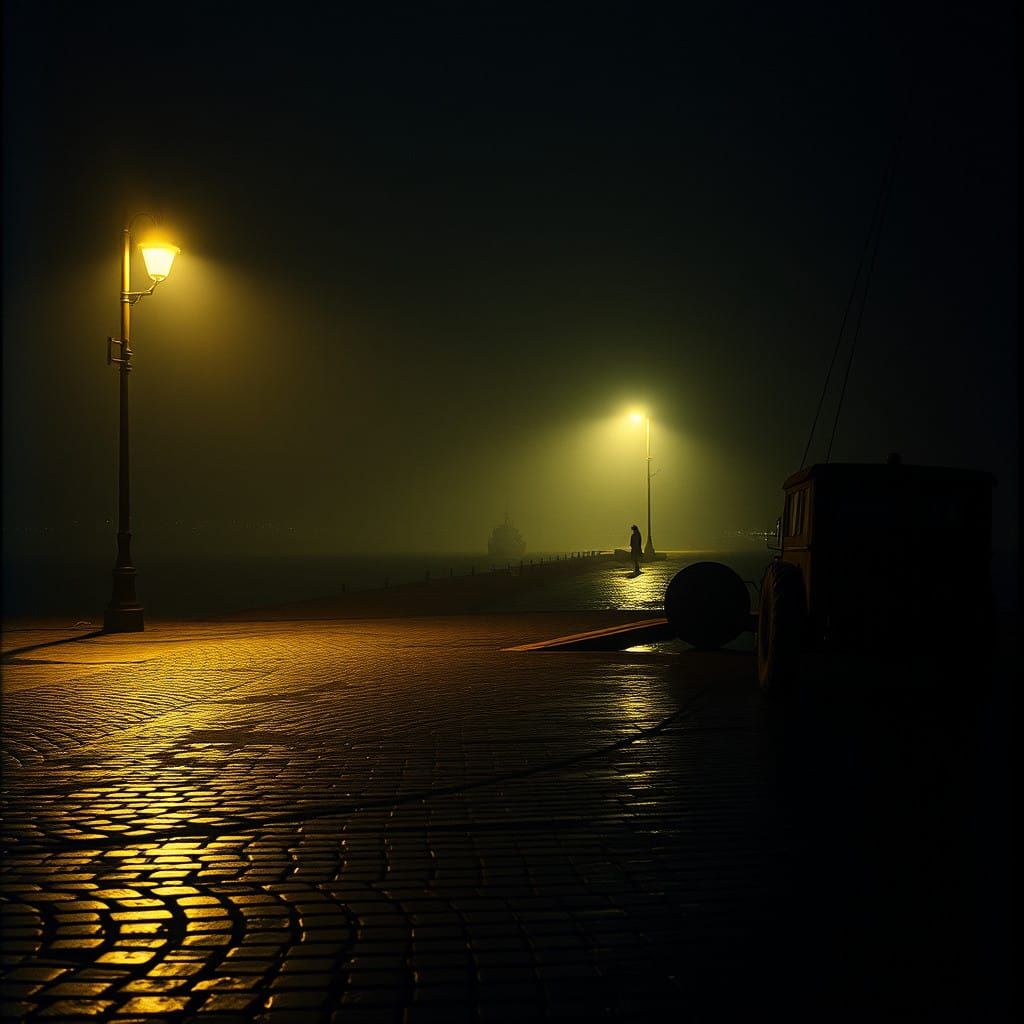 Ethereal Nighttime Port Scene with Lone Figure