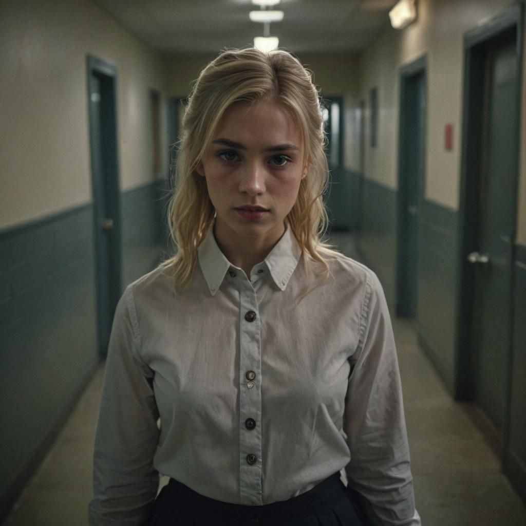 Cinematic Schoolgirl Film Still in Noir Style