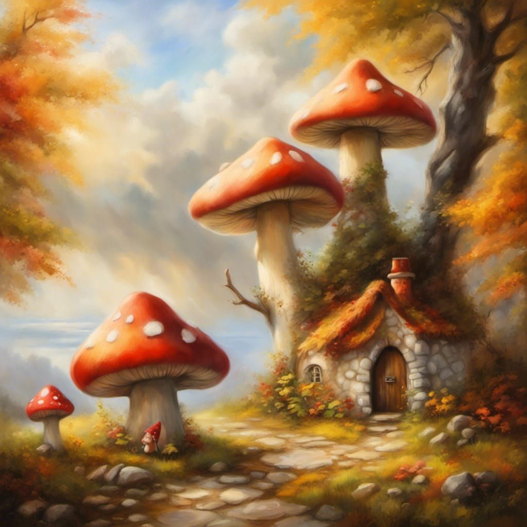 Heavenly Sunshine Illuminates Autumn Cottage: Oil Painting