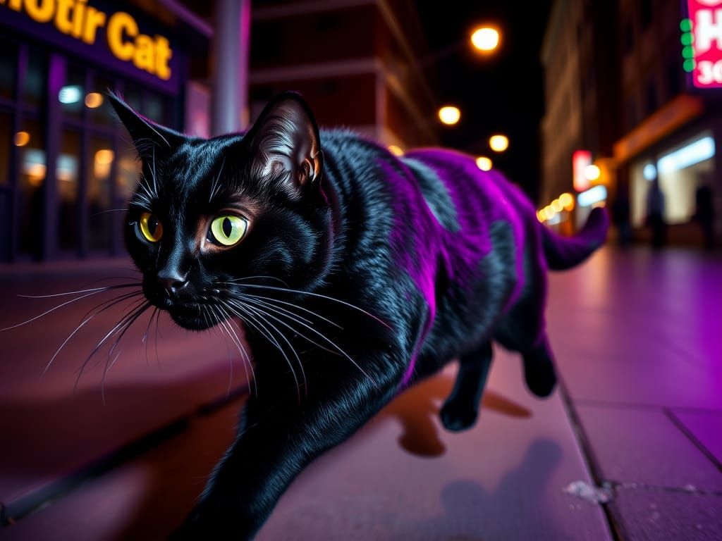 Black Cat Running Fast with Glowing Green Eyes
