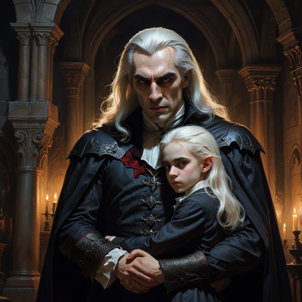 Dracula's Fierce Fatherly Love in Gothic Oil Painting