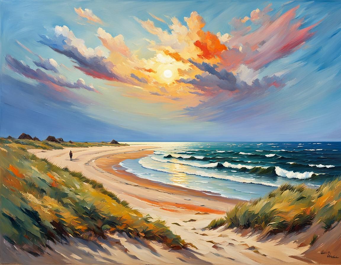 North Sea Impasto Painting with Colorful Clouds