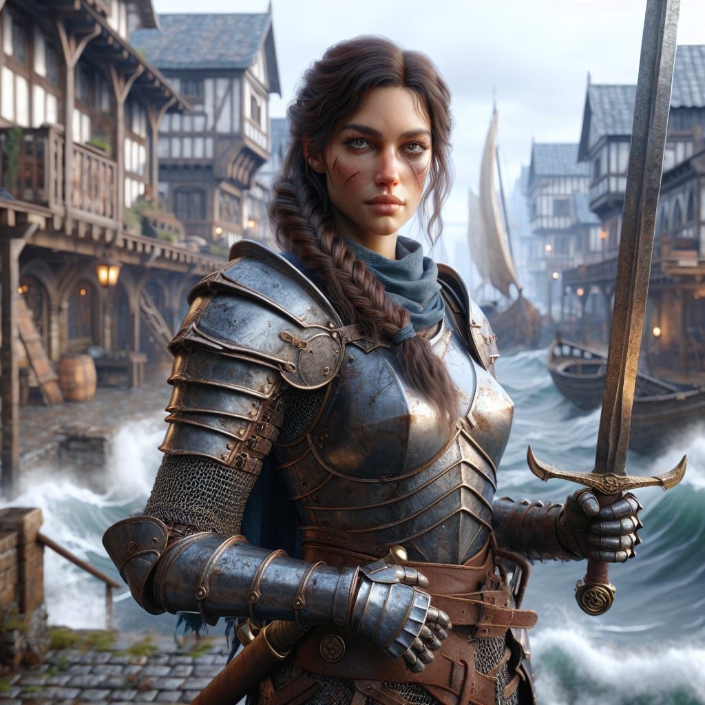 Hispanic Female Fighter in Medieval Port Town