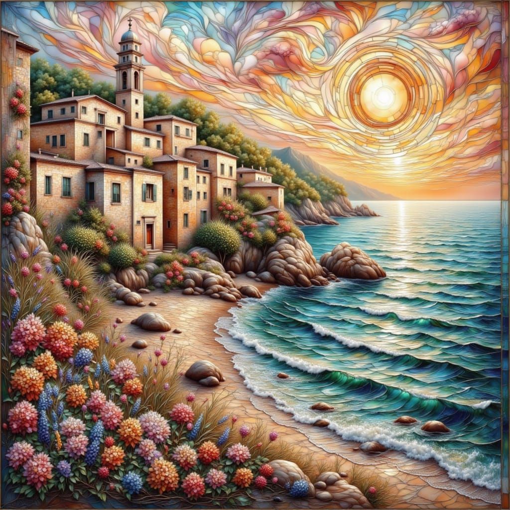 Italian Village Mosaic Cityscape at Sunset