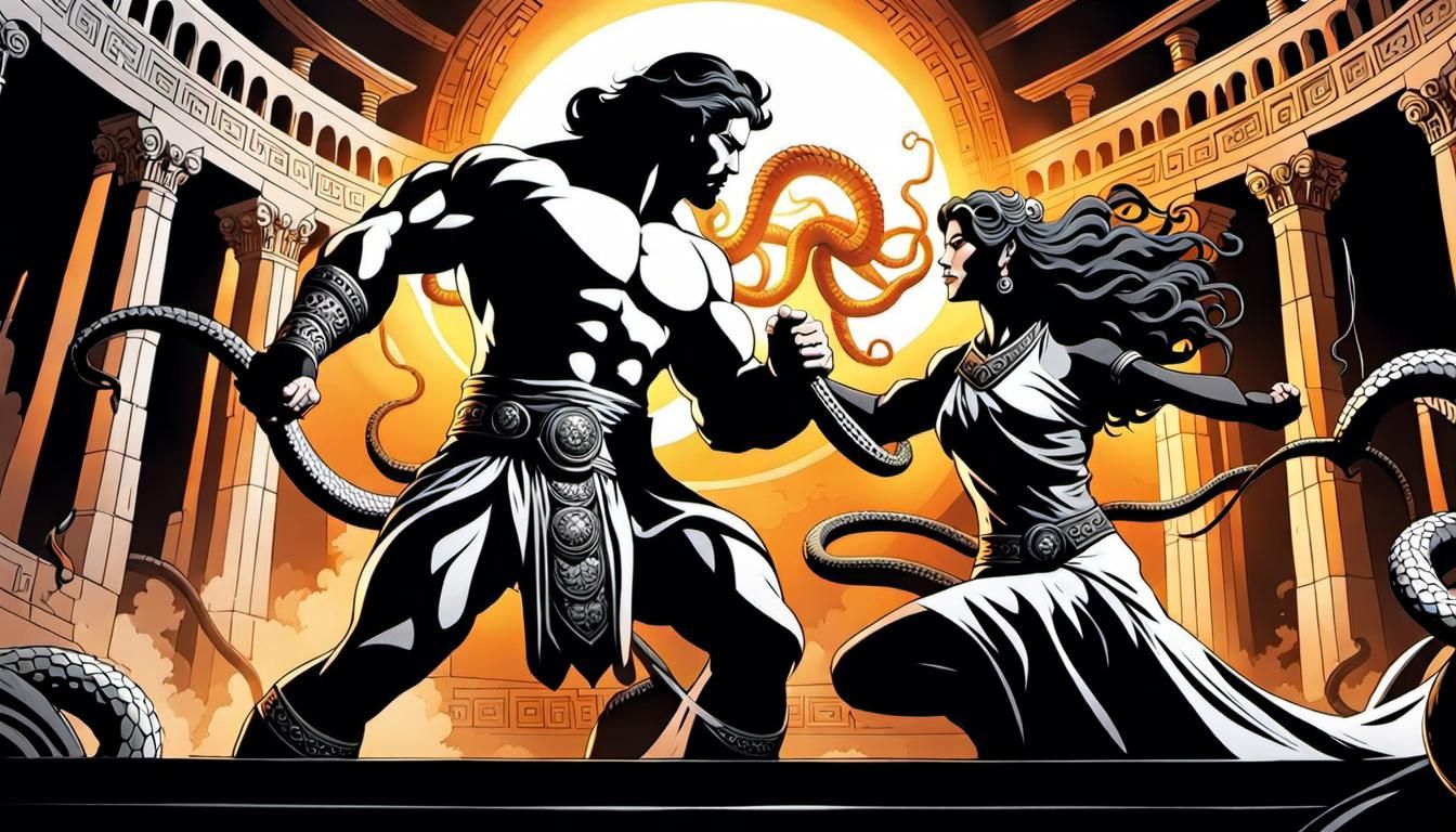 Hercules vs Medusa: Dark Comic in Ancient Stadium