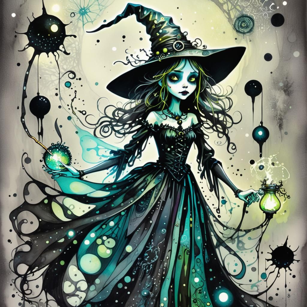 Whimsical Witch in Bioluminescent Contemporary Art Style