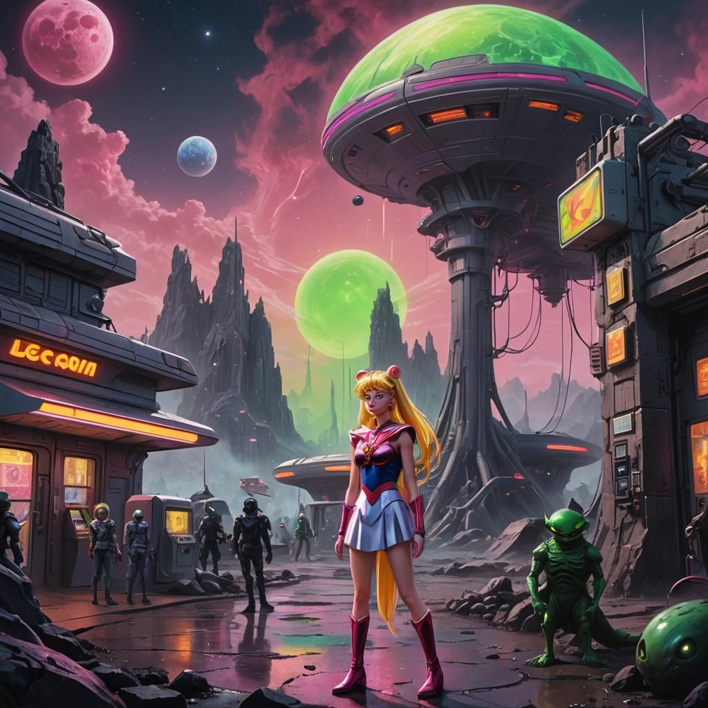 Sailor Moon at Alien Gas Station: Surreal Digital Art