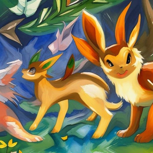 Eevee Evolution Mural in Gouache Watercolor Style