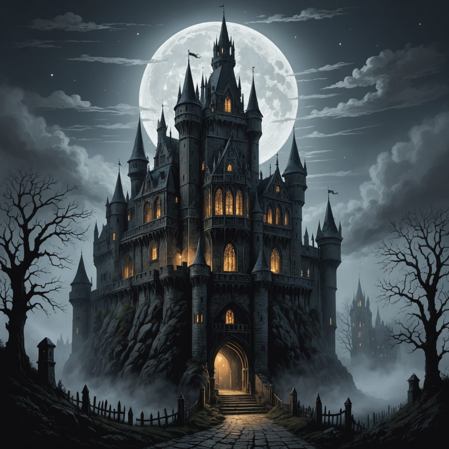 Gothic Castle Drawing in Moonlight and Fog