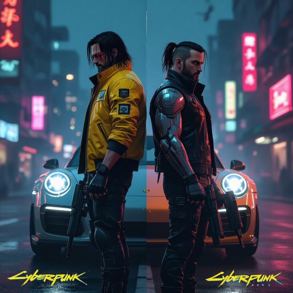 Cyberpunk Heroes: Silverhand and Martinez in Neon Cityscape