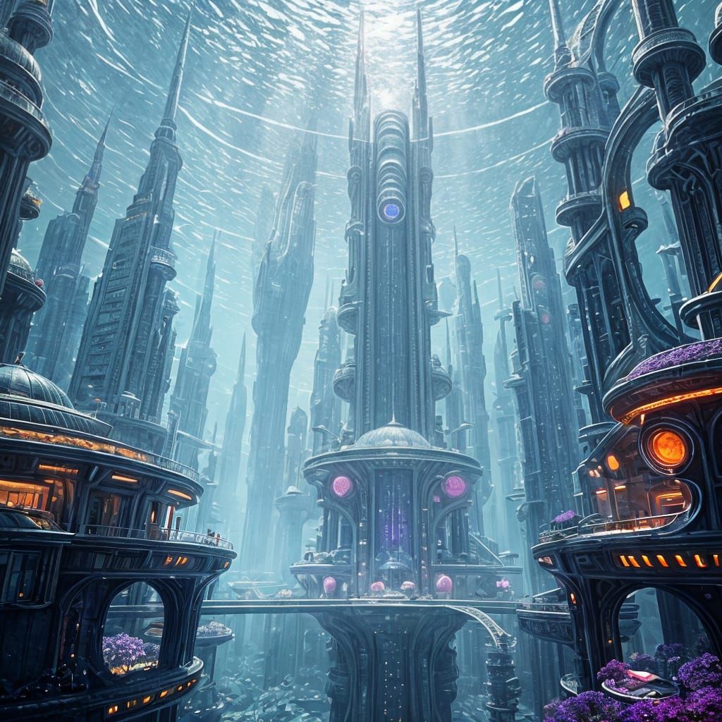 Epic Futuristic Cityscape in Polished Metal and Neon Lights