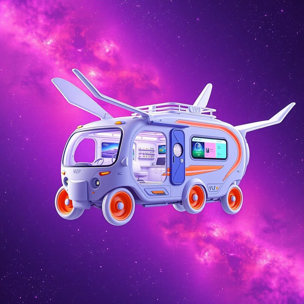 Futuristic Flying RV House in Vibrant Purple and Orange Gala...