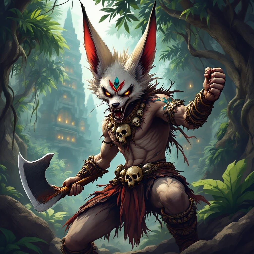Epic Fennec Fox Warrior in Tribal Attire, Wielding Tomahawk,...
