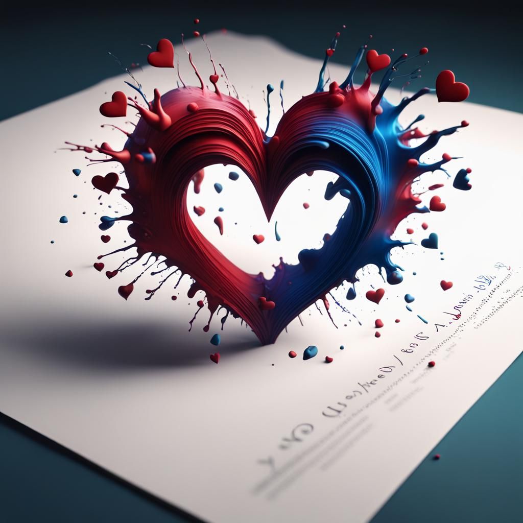 Colorful Heart Splash on Paper, Detailed Matte Painting
