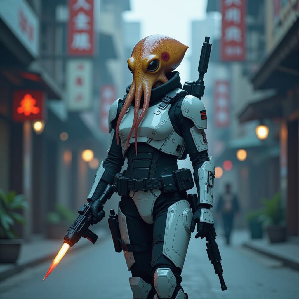 Sentient Squid Bounty Hunter in Cyberpunk City