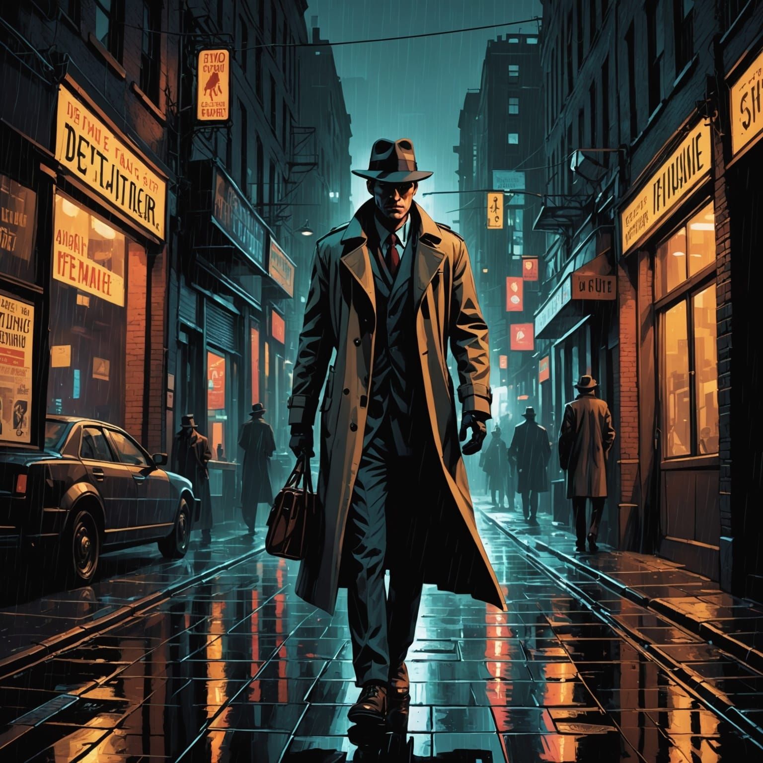 Noir Detective Investigates Crime Scene in Rainy City