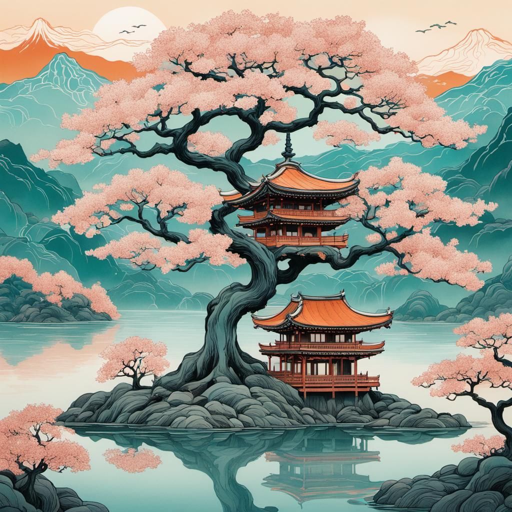 Sakura Tree by Lake in Art Nouveau Rococo Style