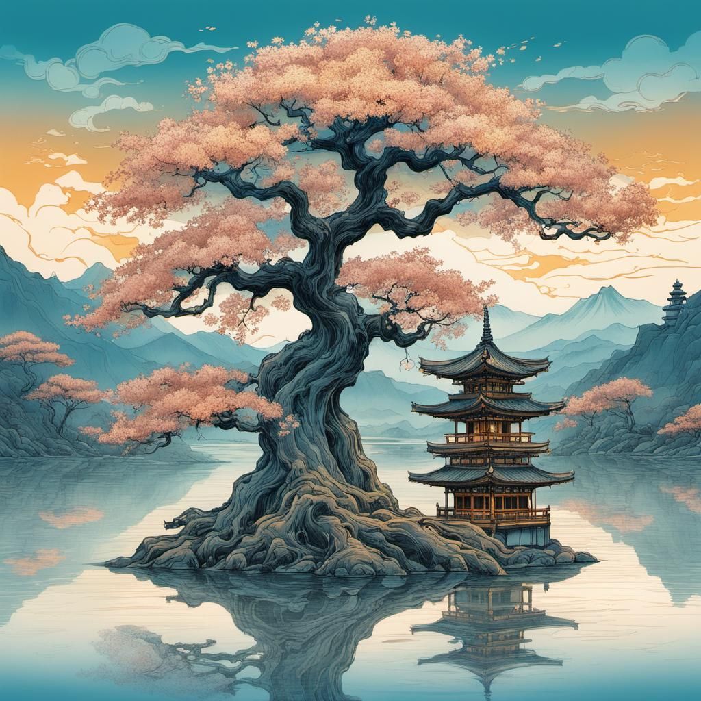 Sakura Tree Ink Drawing with Rococo Architecture