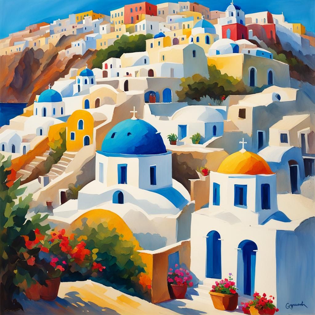 Santorini Seaside Town in Gouache Style