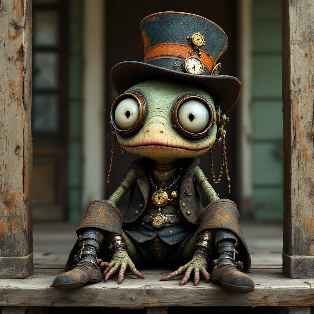 3D Steampunk Monster with Funny Hat on Porch