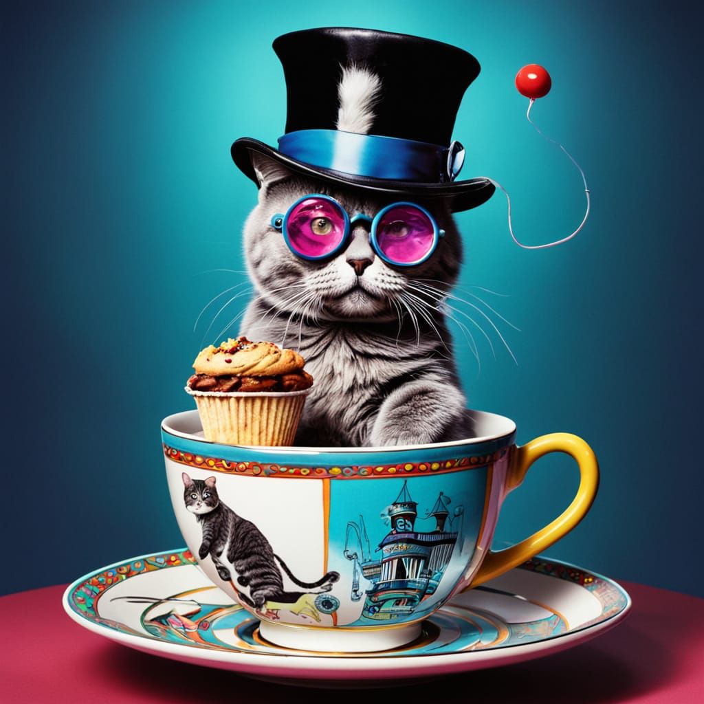 A cat, a hat , and a teacup.