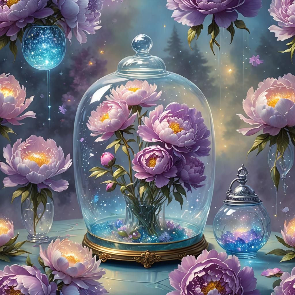 Glass Peonies in Bell Jar with Ethereal Glow