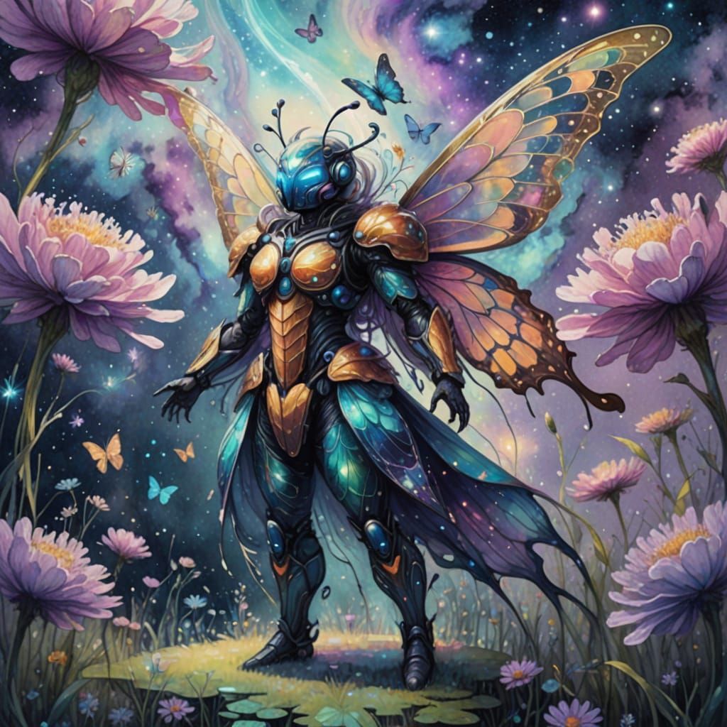 Celestial Butterfly in Bioluminescent Meadow: Watercolor Pai...