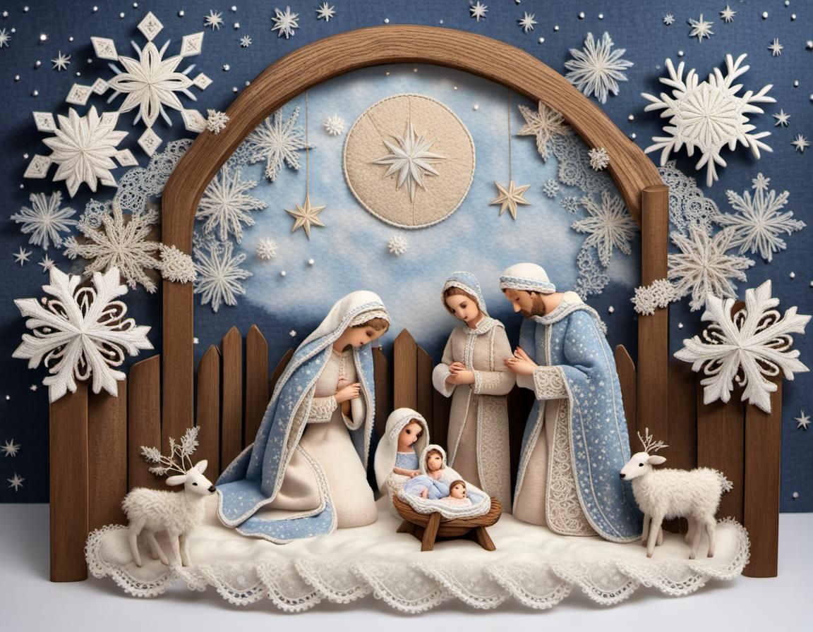 Vintage Lacework Nativity Scene with Embroidered Snowflakes