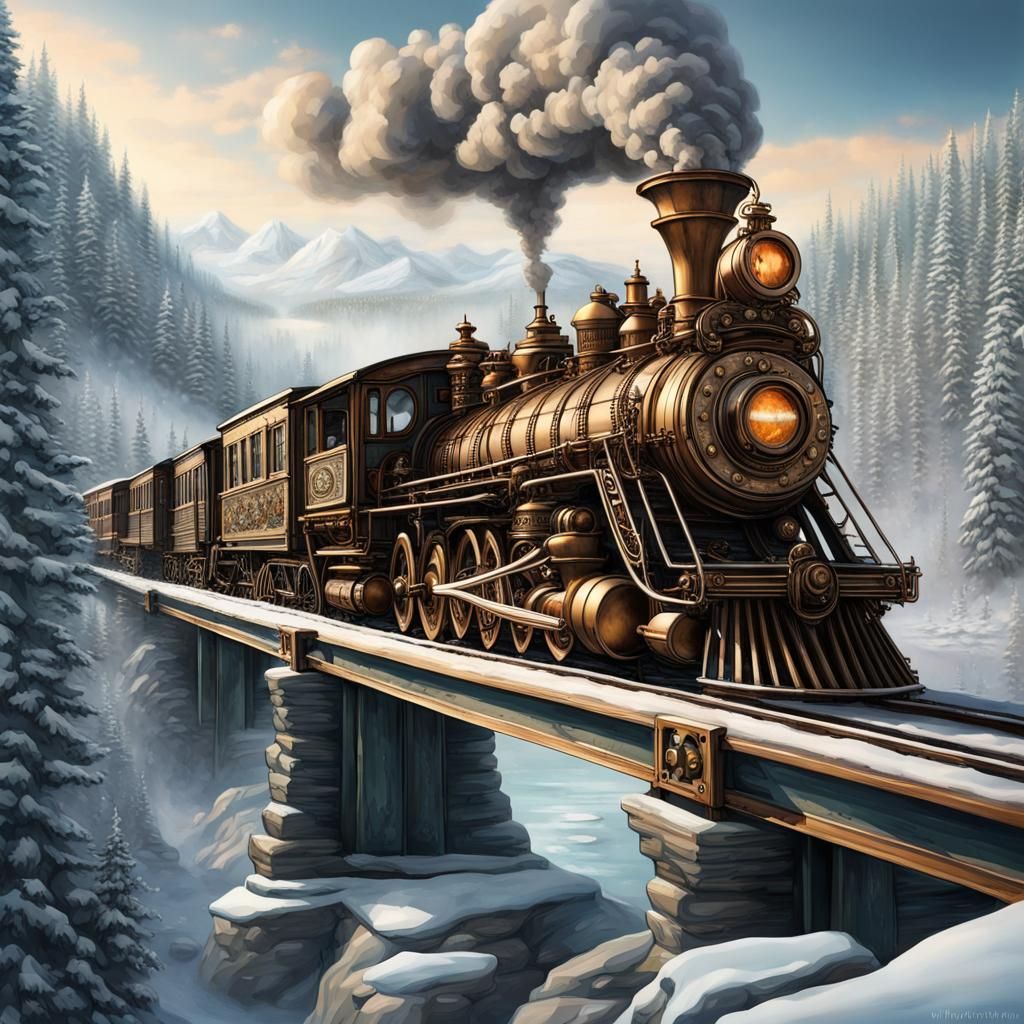 Steampunk Train Over Rocky Mountain River