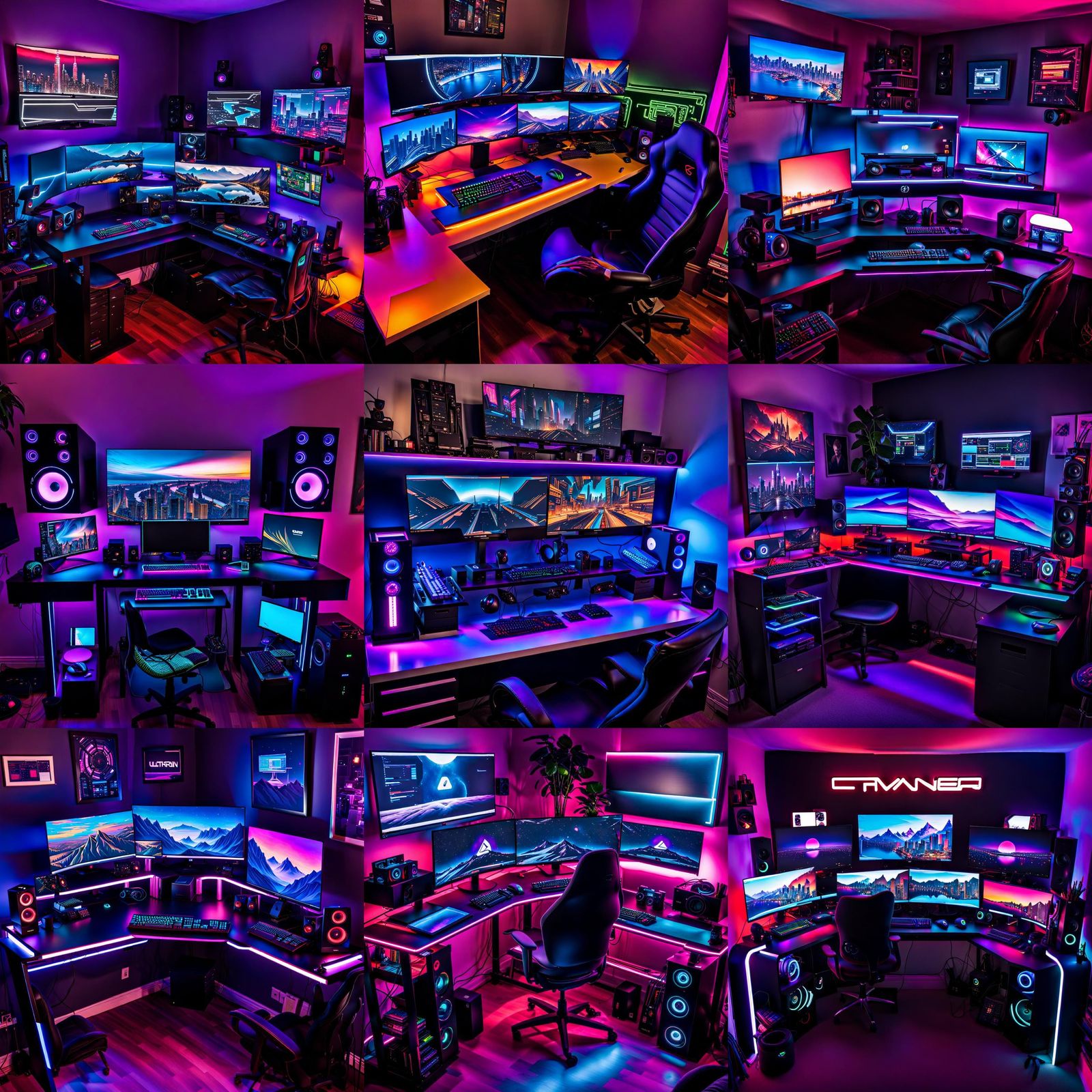 a computer desk topped with three monitors and a keyboard, cyberpunk teenager bedroom, trending art station, gaming room...