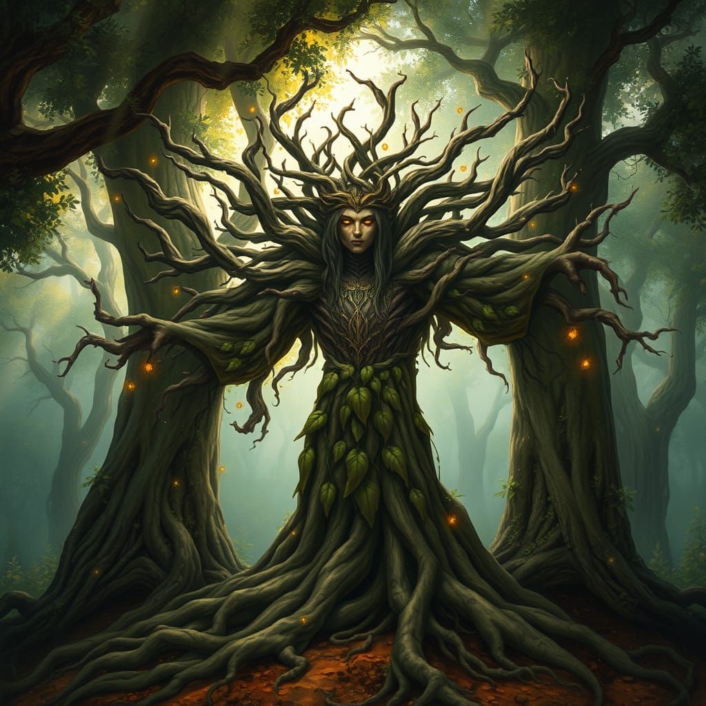 Tree Spirit Guardian in Ancient Forest: Painterly Art