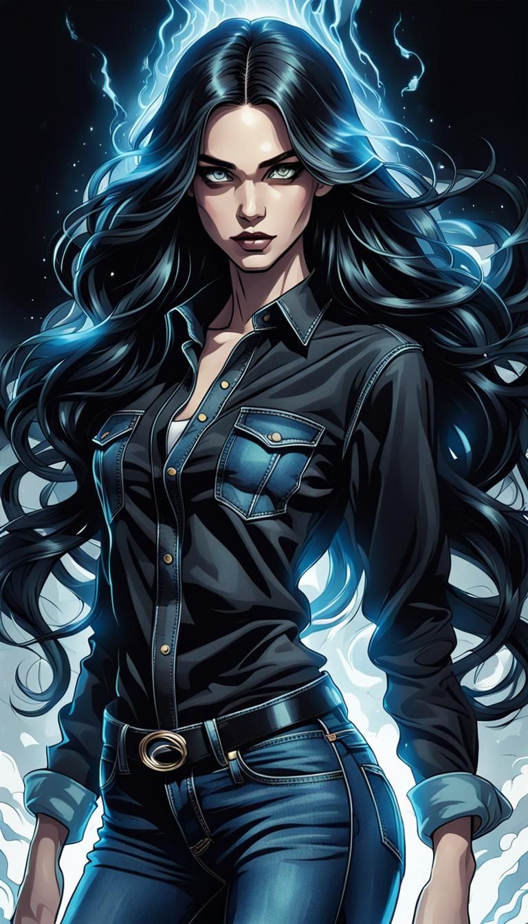 Blue Goddess with Light Aura in Comic Book Style