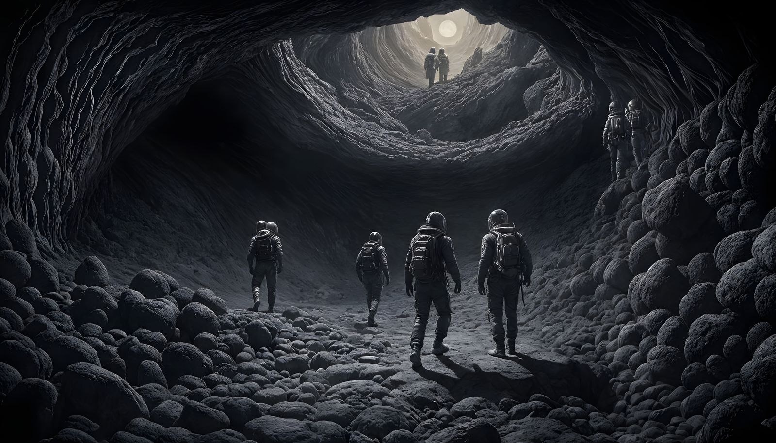 Men Navigate Through an Enormous Volcanic Cave in Charcoal D...