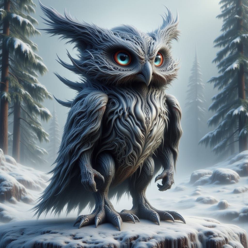 Cute Xenomorph Owl in Snowy Landscape Painting