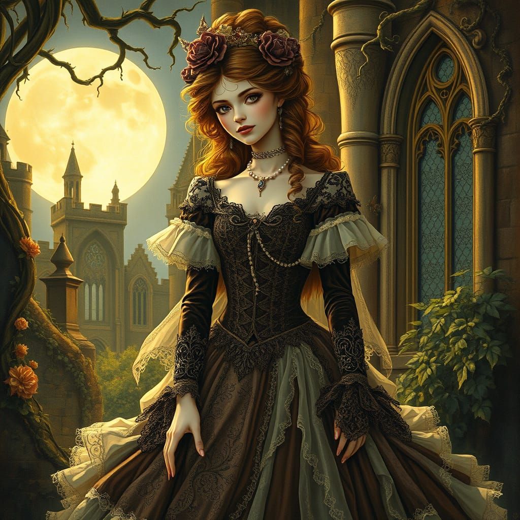Gothic Princess in Moonlit Garden, in Romantic Style