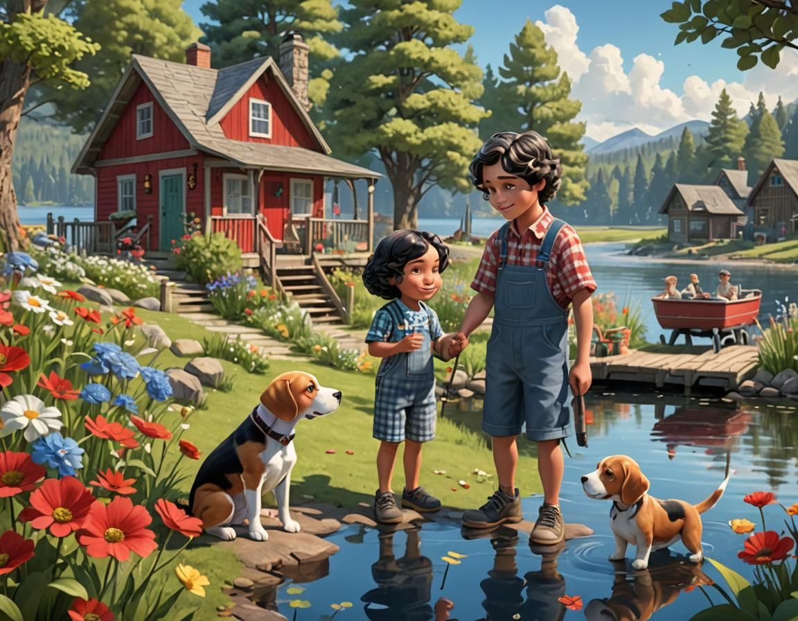 Children Fishing by Lake: Vivid Pixar-Style Illustration