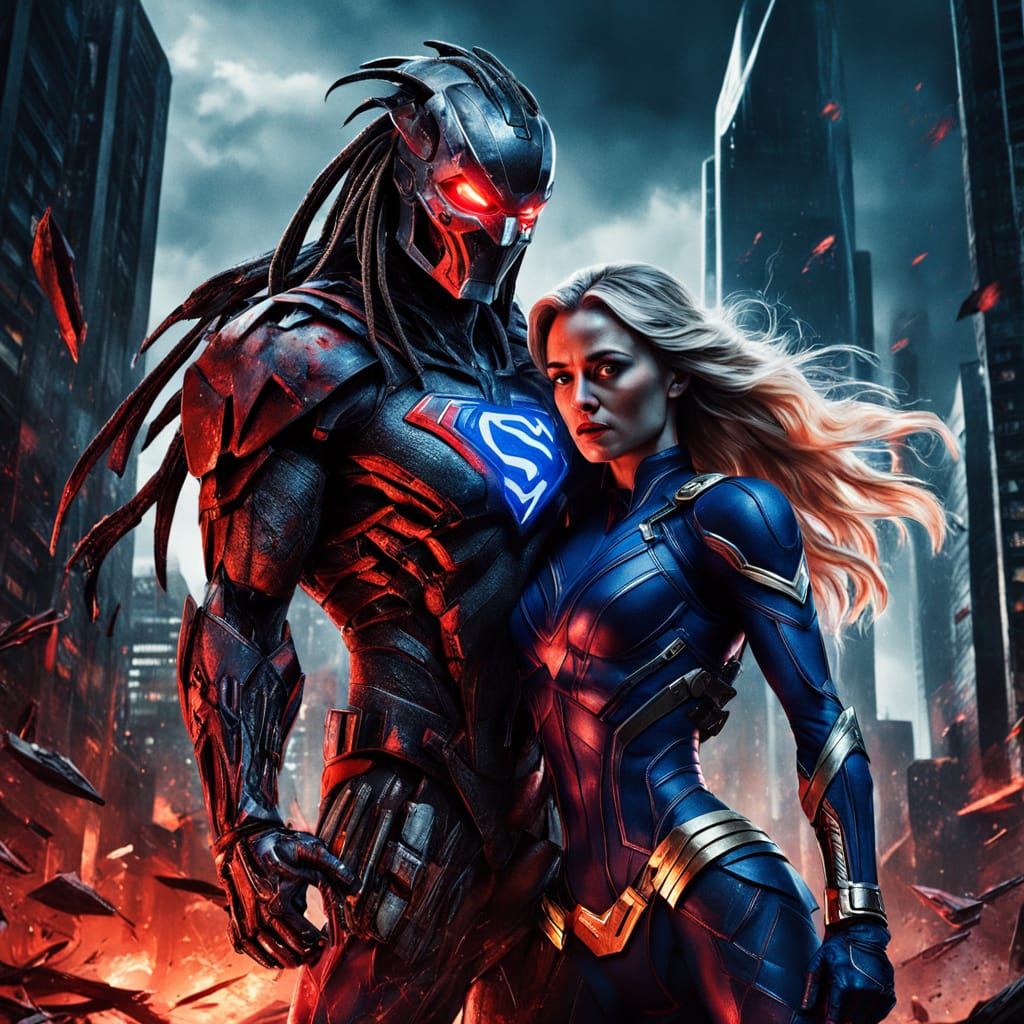 Predator Dominates Supergirl in Dark Sci-Fi Illustration