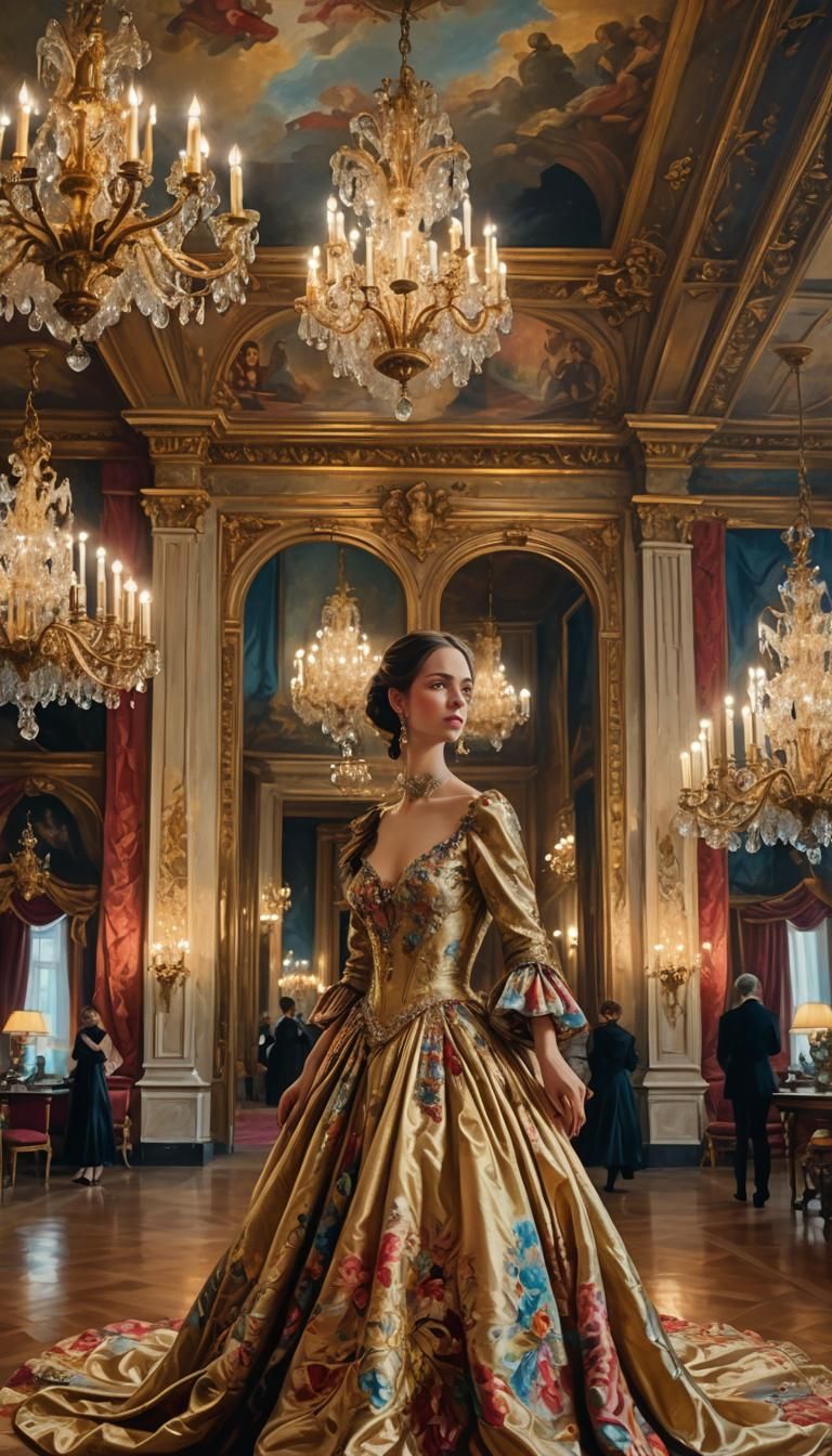 Elegant Ballroom Scene in Velázquez-Inspired Oil Painting