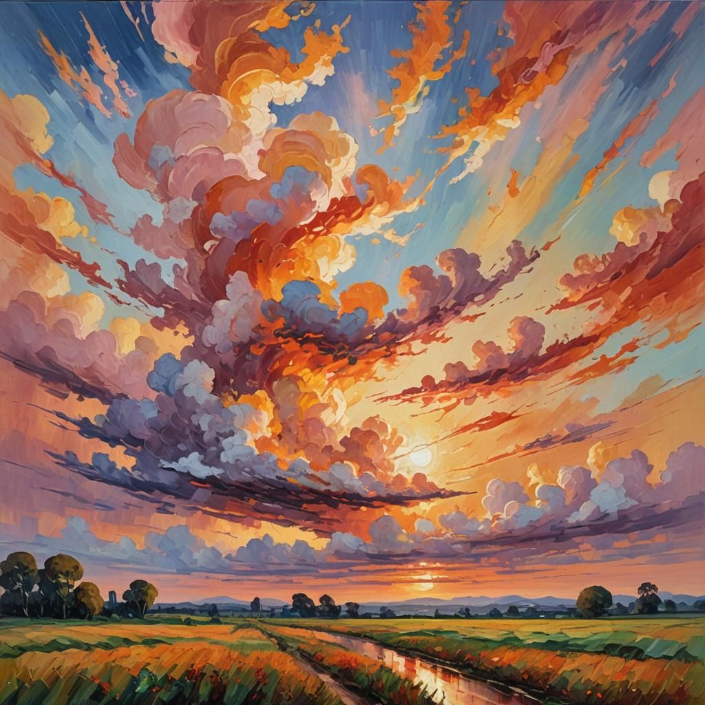 Impressionistic Sky with Swirling Clouds as Oil Painting
