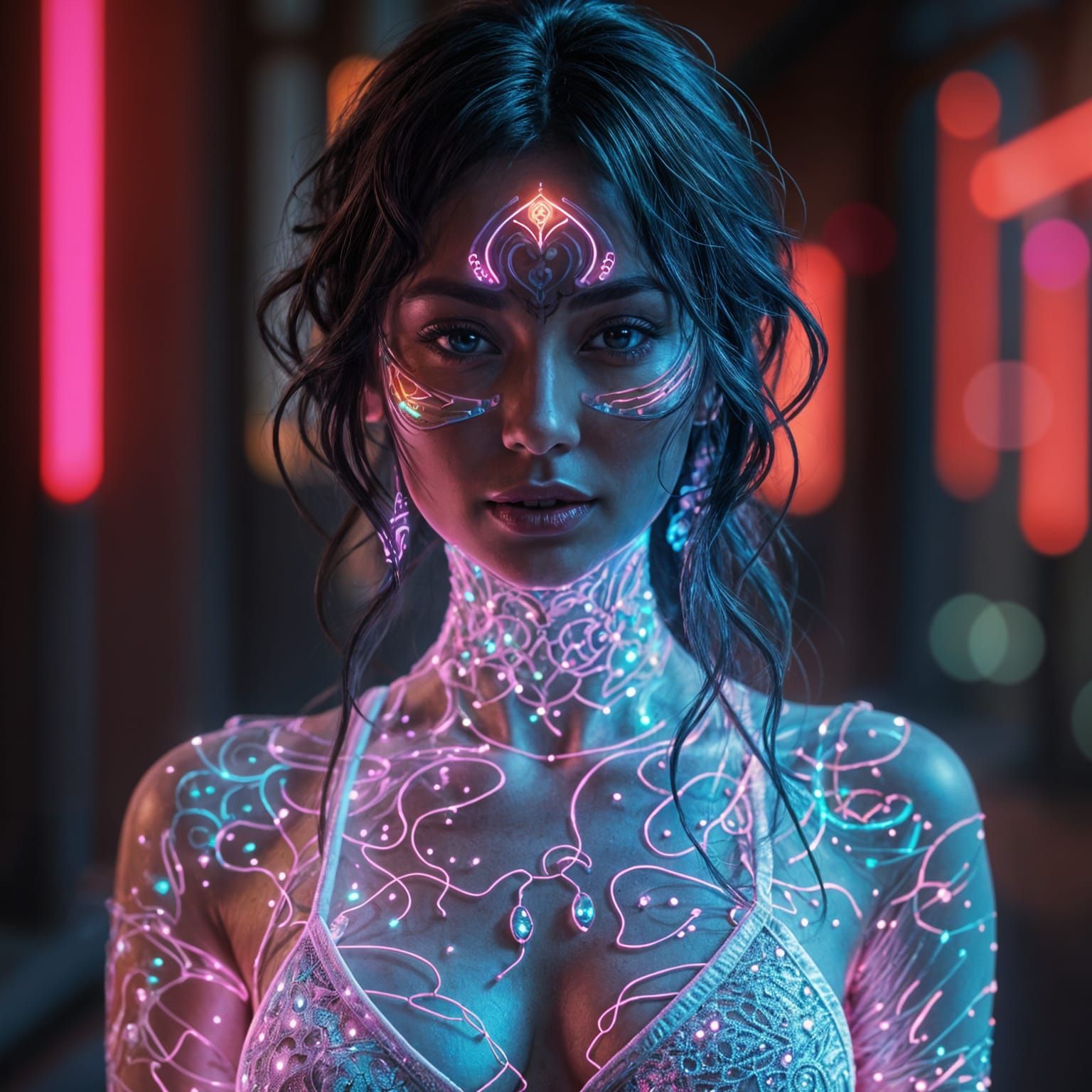 Hyperrealistic Portrait of Woman in Neon Bodypaint