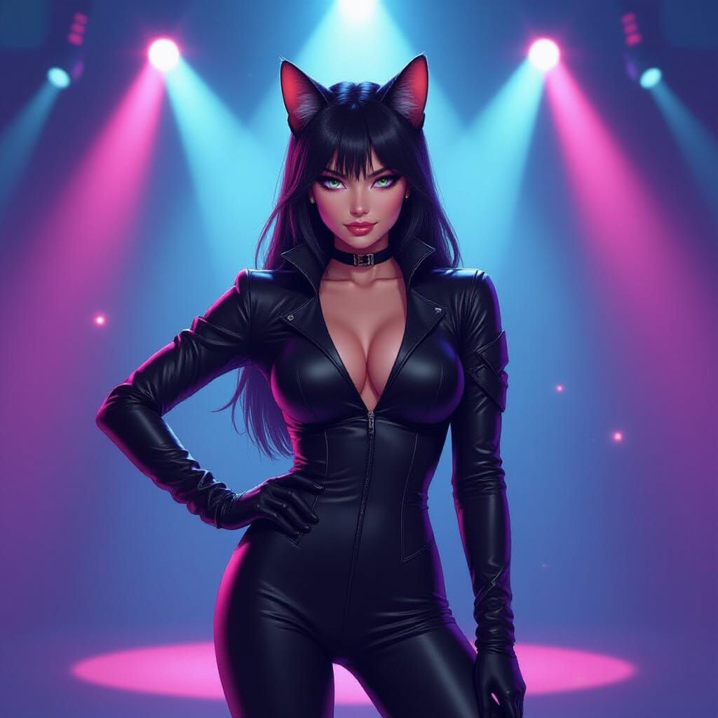 Futuristic Catgirl Under Neon Stage Lights