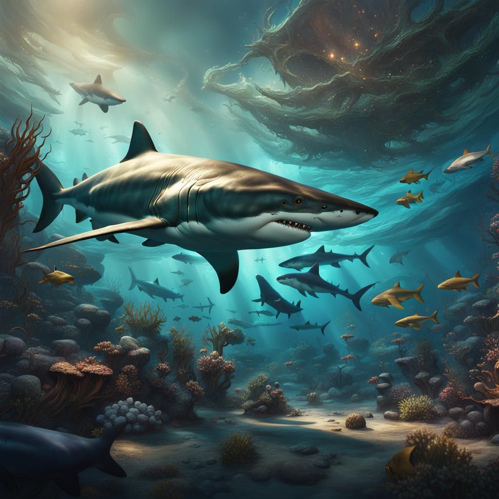 Detailed Matte Painting of Sharks