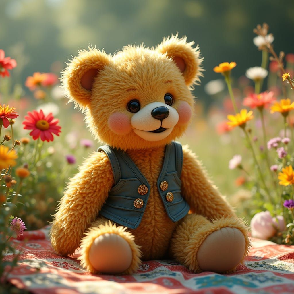 Whimsical Teddy Bear Seated on a Colorful Patchwork Rug