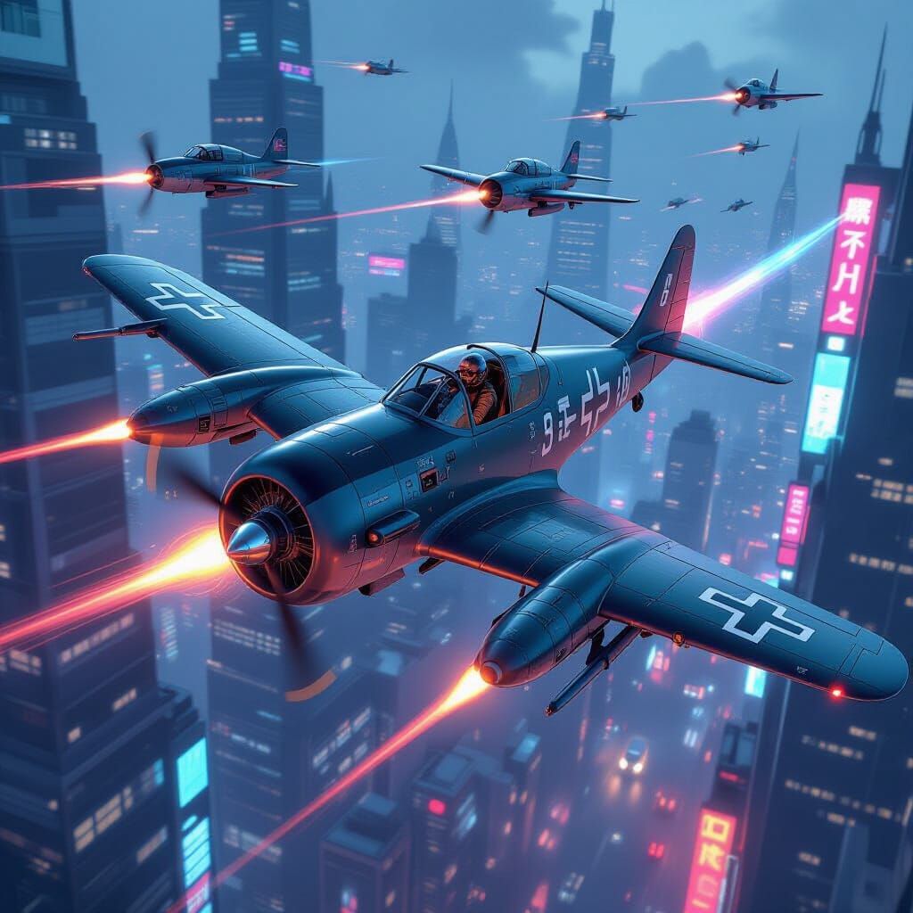 Cyberpunk Messerschmitt ME 262 Soaring Over Metropolis