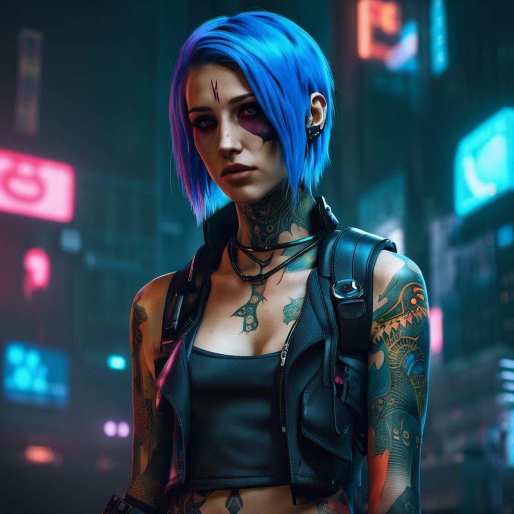 Cyberpunk Emo Girl with Blue Hair and Tattoos